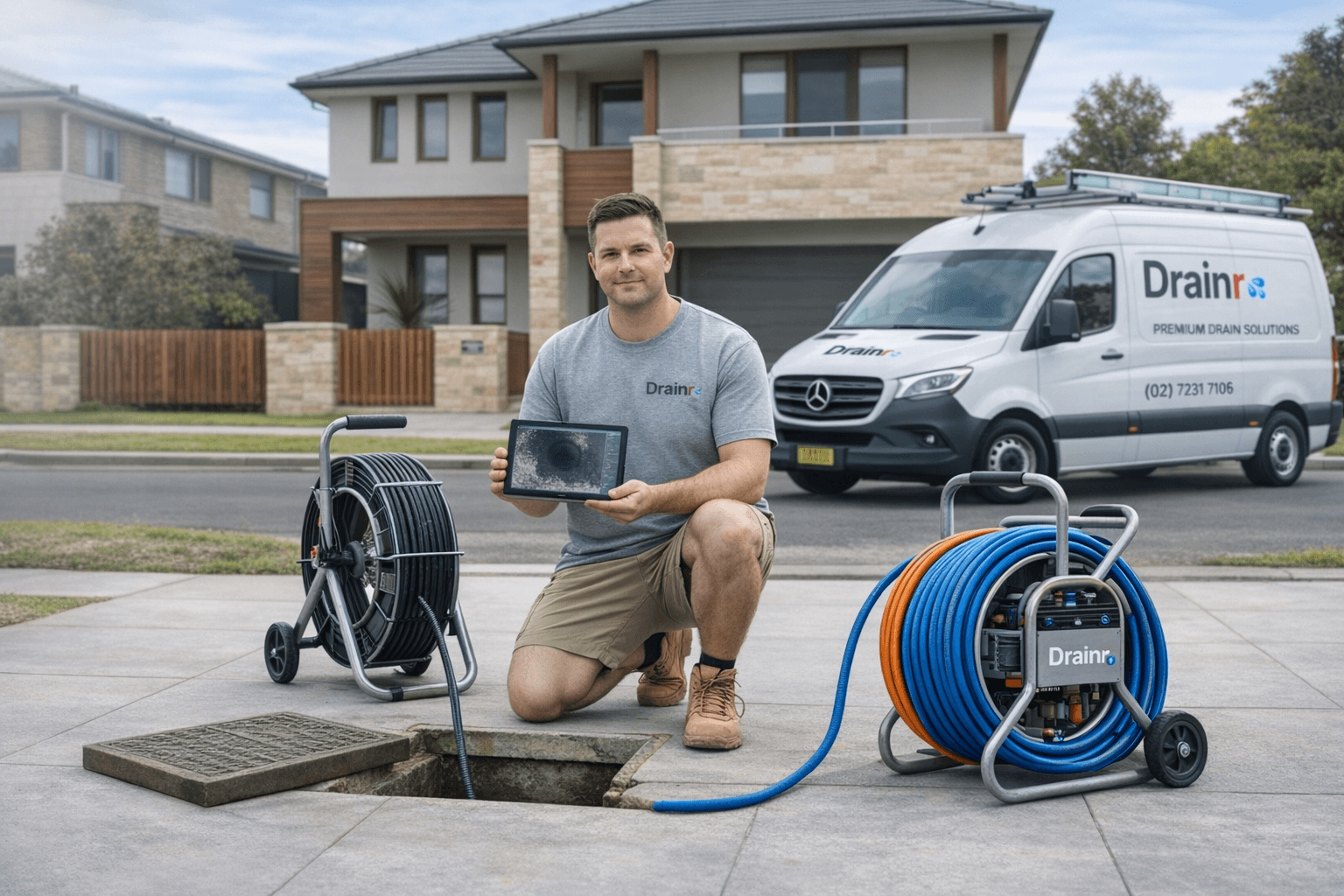 Drainr technician clearing a blocked drain at a Sydney home